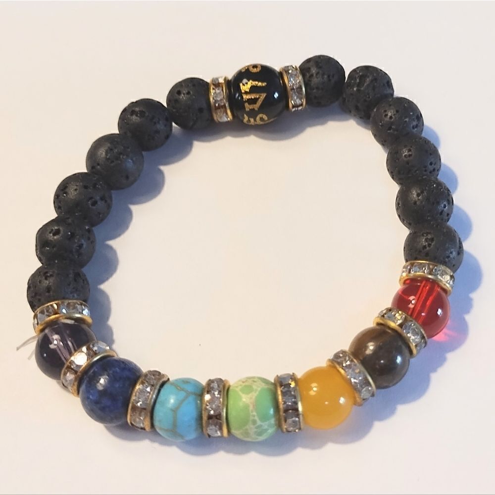 Men's bracelet beaded‎ lava rock black new d83